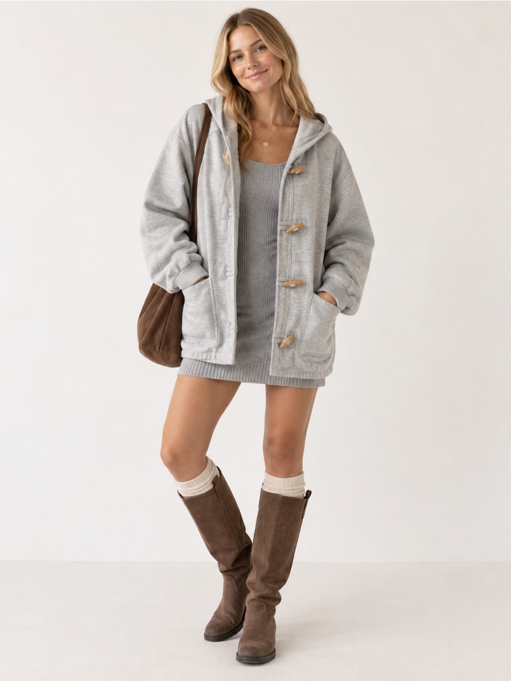 Cheetah Gray Hooded Toggle Duffle Sweatshirt Jacket Retro 90s